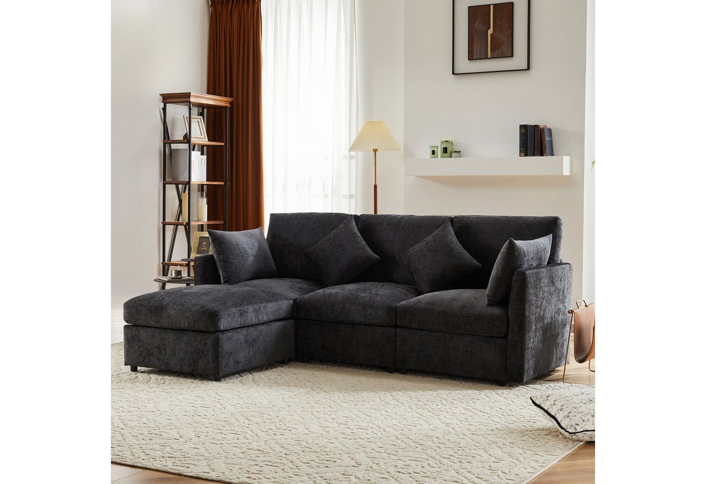 Merax Ecksofa mit Fußhocker und 4 Kissen, 3-Sitzer Sofagarnitur, modulare C günstig online kaufen