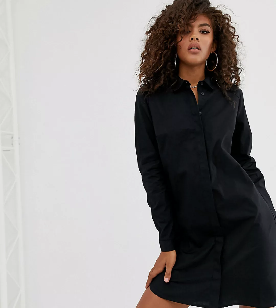 ASOS DESIGN Tall – Mini-Hemdkleid aus Baumwolle in Schwarz günstig online kaufen