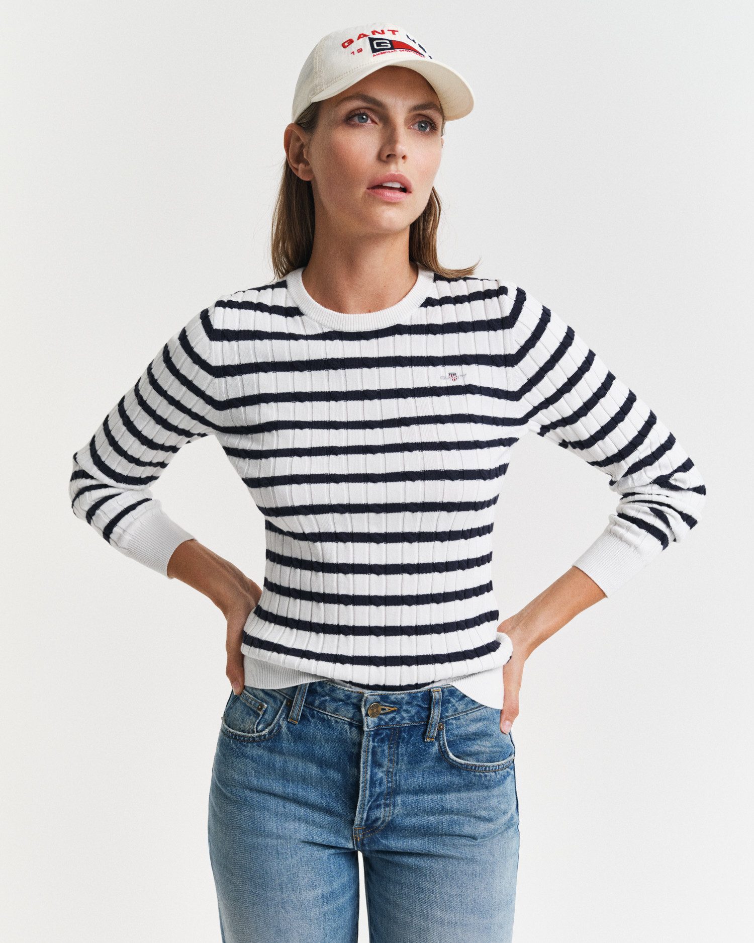 Gant Rundhalspullover STRETCH COTTON CABLE STRIPE günstig online kaufen