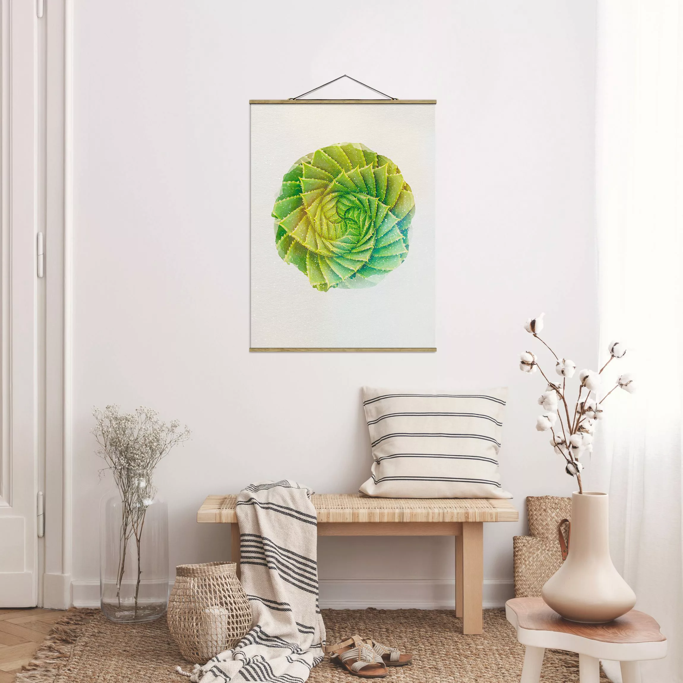Stoffbild Blumen mit Posterleisten - Hochformat Wasserfarben - Spiral Aloe günstig online kaufen