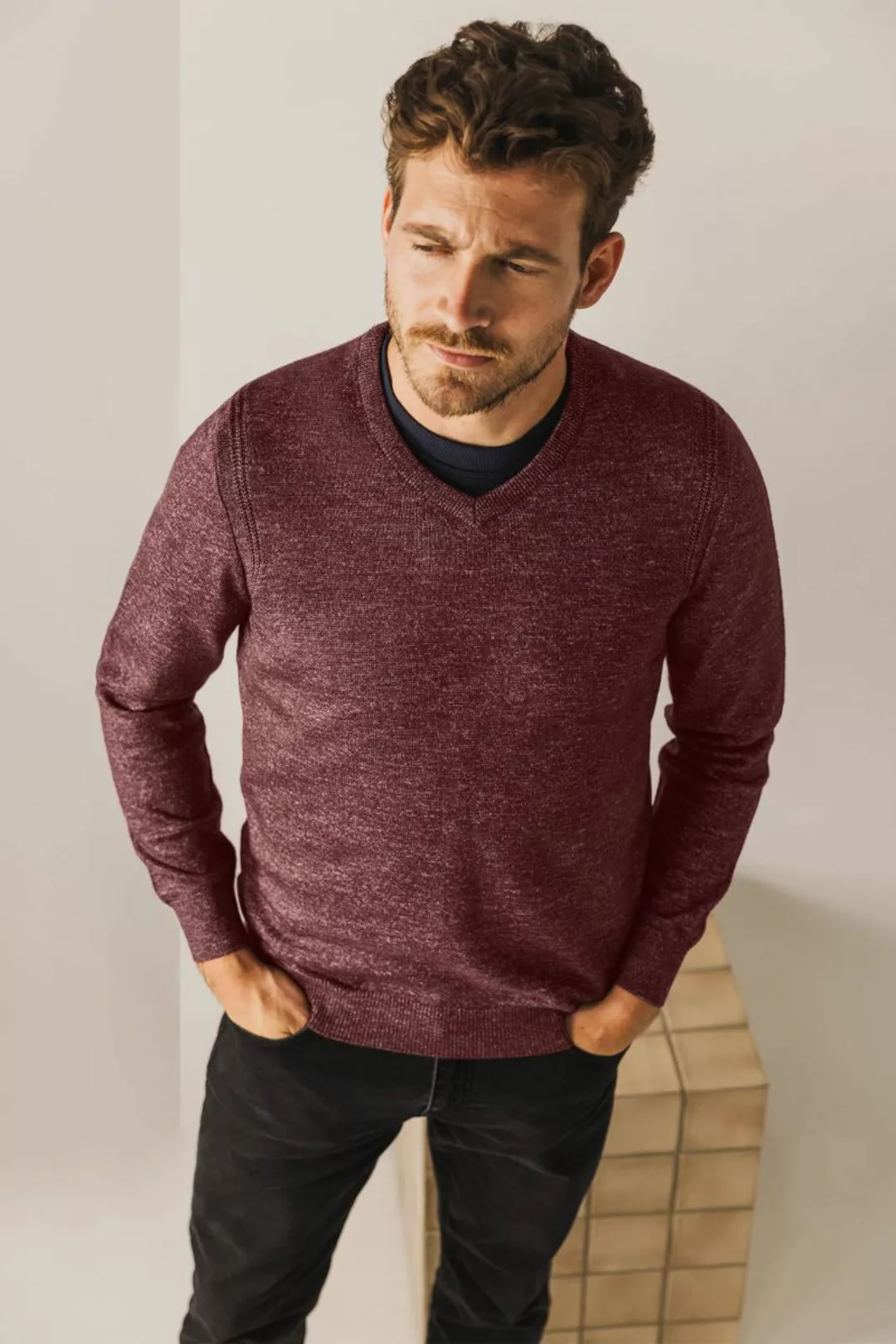 State Of Art Pullover V-Ausschnitt Melange Bordeaux - Größe M günstig online kaufen