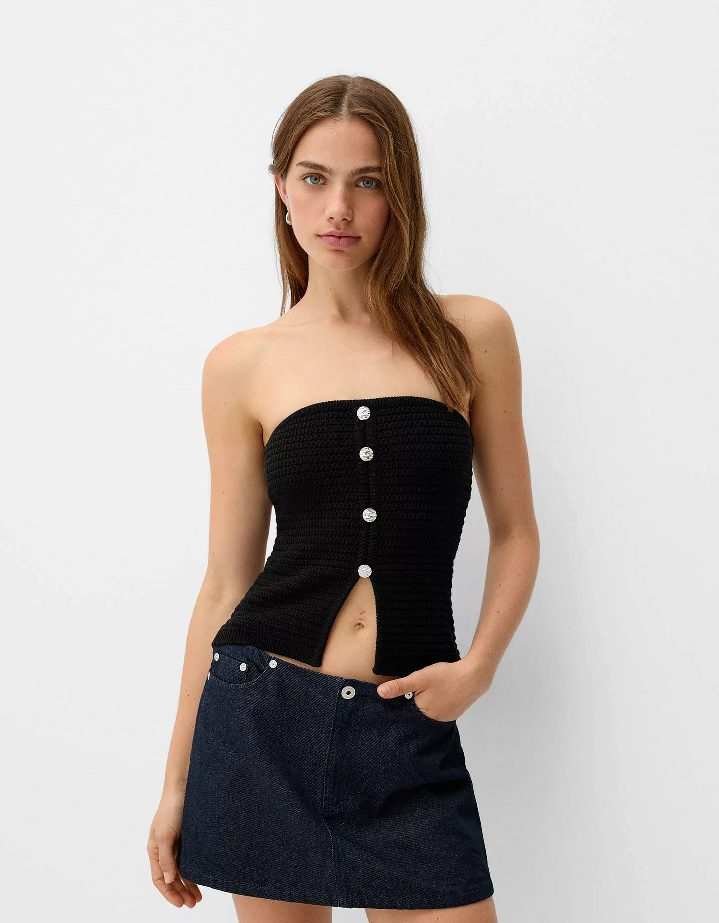 Bershka Bandeau-Top Mit Knöpfen Damen L Schwarz günstig online kaufen