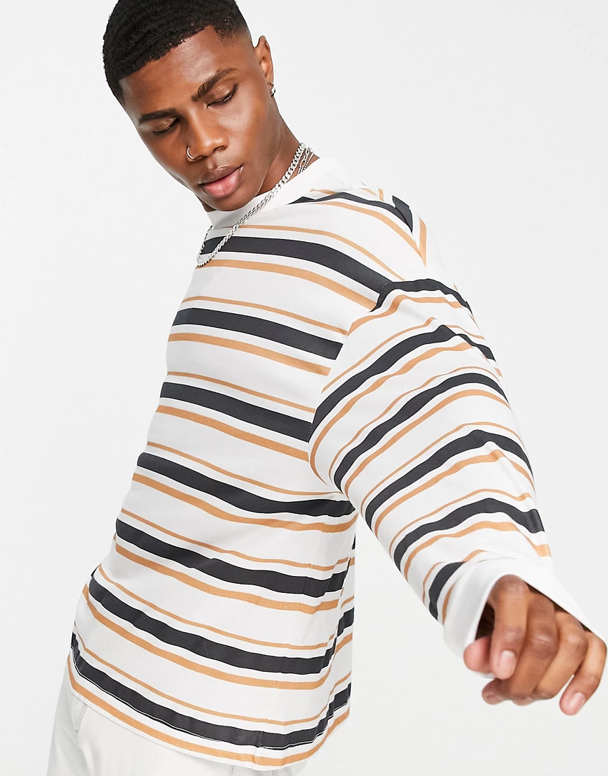 ASOS DESIGN – Langärmliges, gestreiftes Oversize-Shirt in Braun und Weiß-Me günstig online kaufen