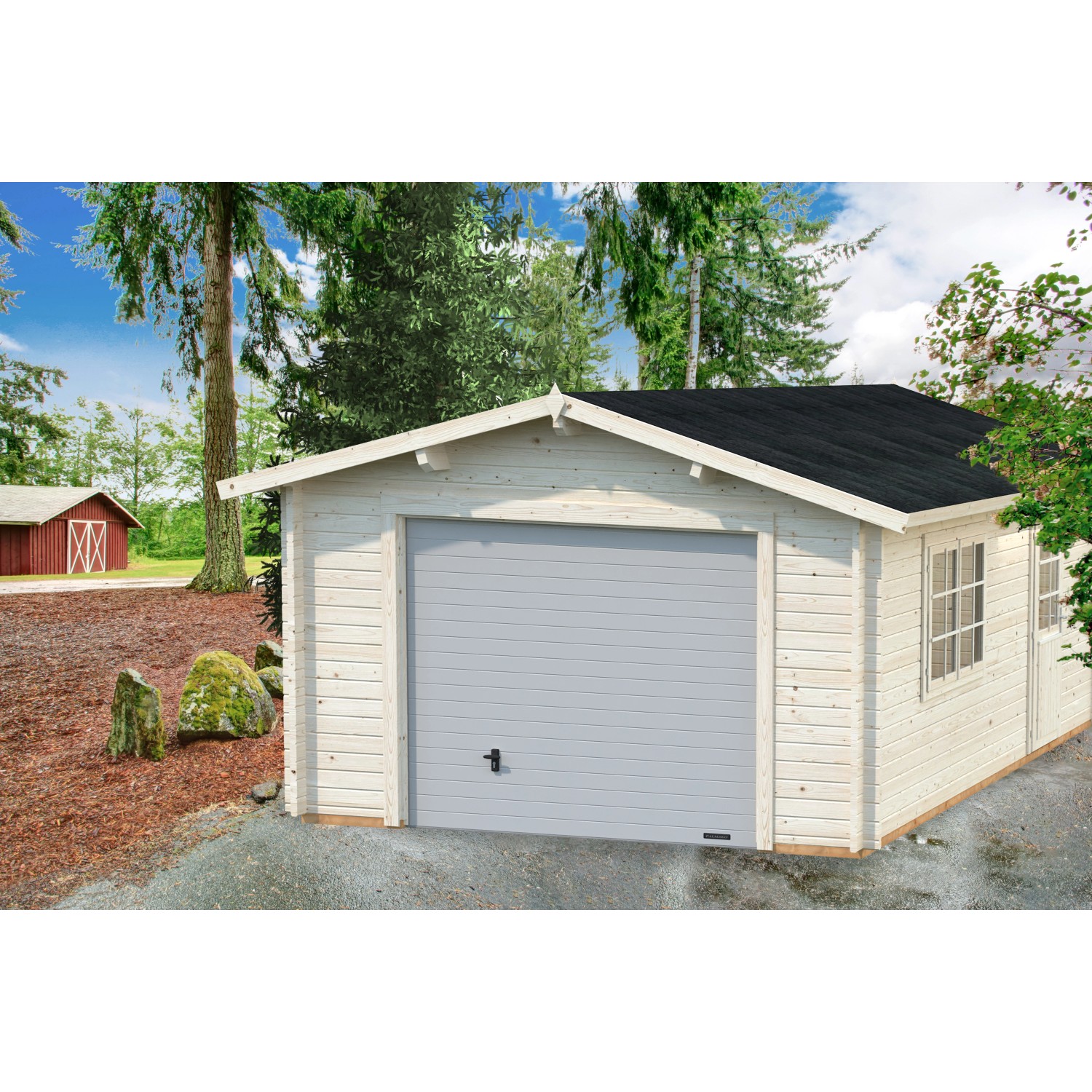 Palmako Garage Roger mit Sektionaltor 360 x 550 cm Lackiert Dunkelgrau-Weiß günstig online kaufen