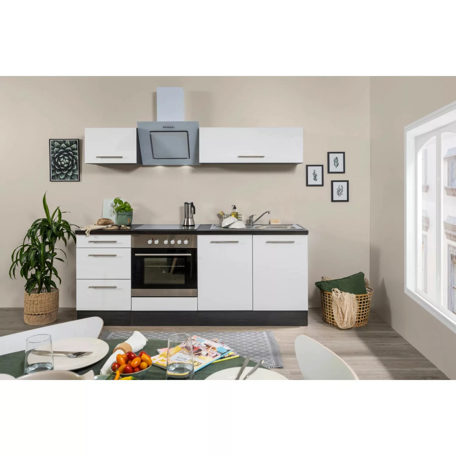 Respekta Premium Küchenzeile 210 cm Weiß Hochglanz-Eiche Grau mit 60 l Ofen günstig online kaufen