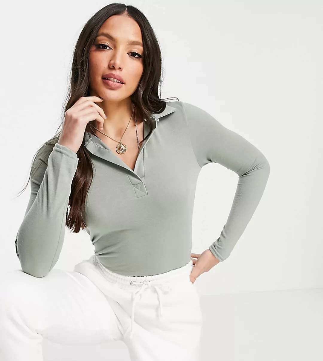 Missguided Tall – Halbtransparentes Polohemd in Grau mit langen Ärmeln günstig online kaufen