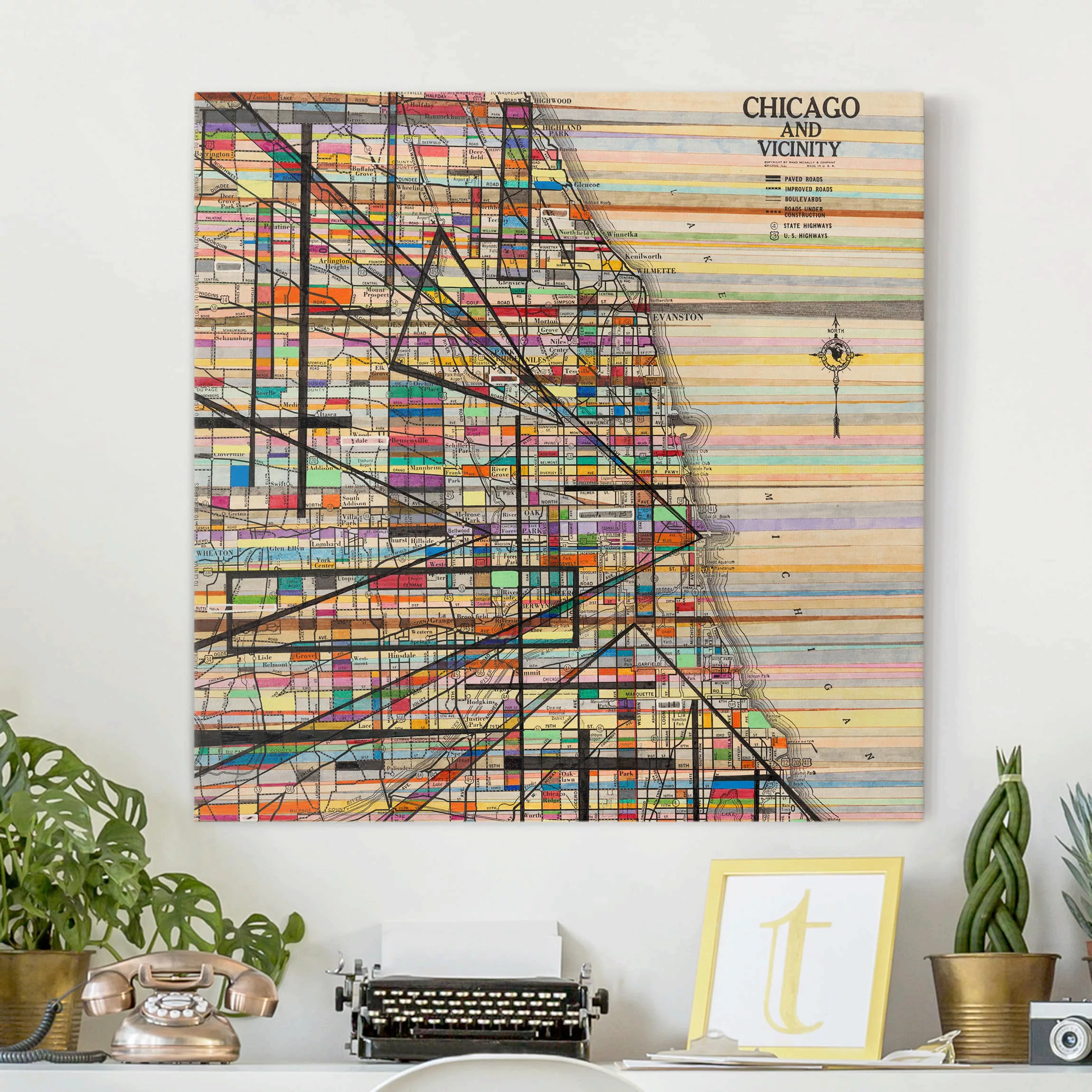 Leinwandbild - Quadrat Moderne Karte von Chicago günstig online kaufen