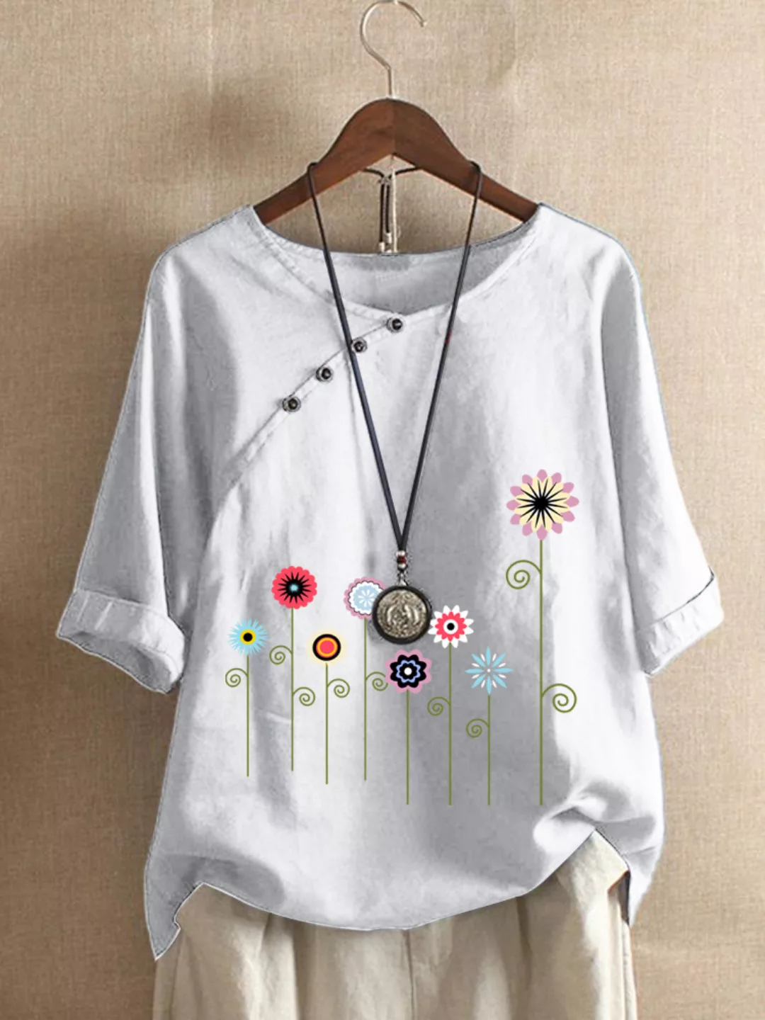 Cartoon Floral Printed O-Ausschnitt Button Kurzarm T-Shirt günstig online kaufen