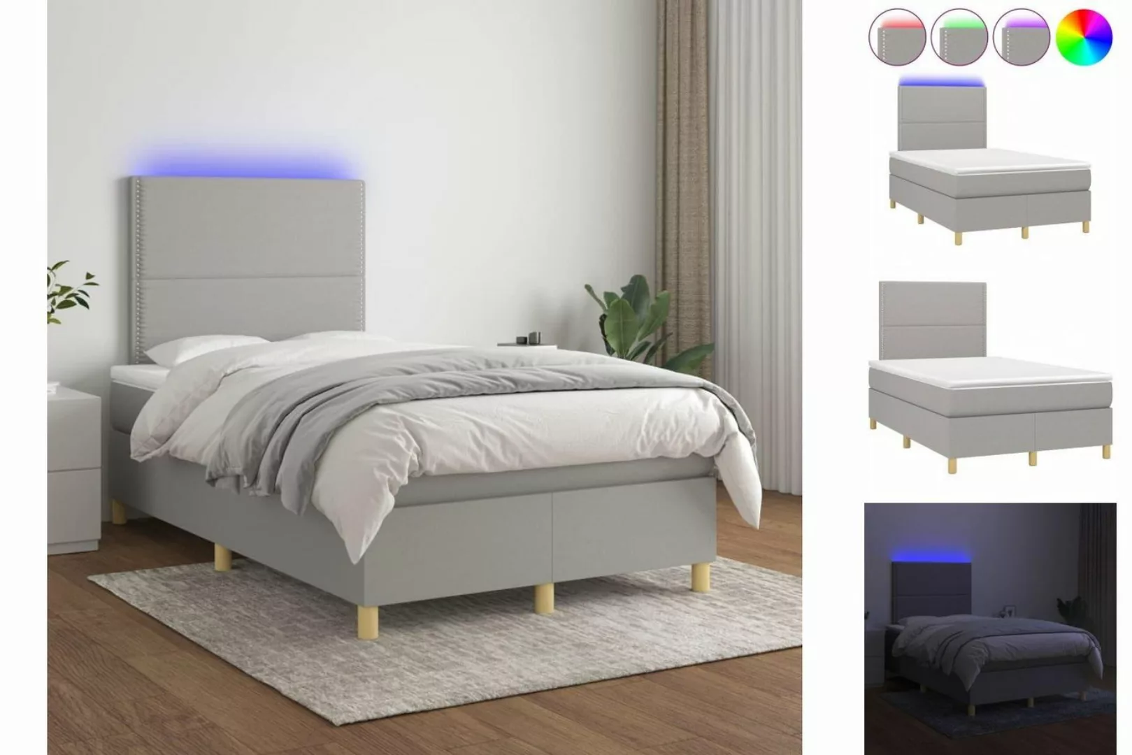 vidaXL Boxspringbett (120 x 200 cm, mit Nieten, Hellgrau), mit LED günstig online kaufen