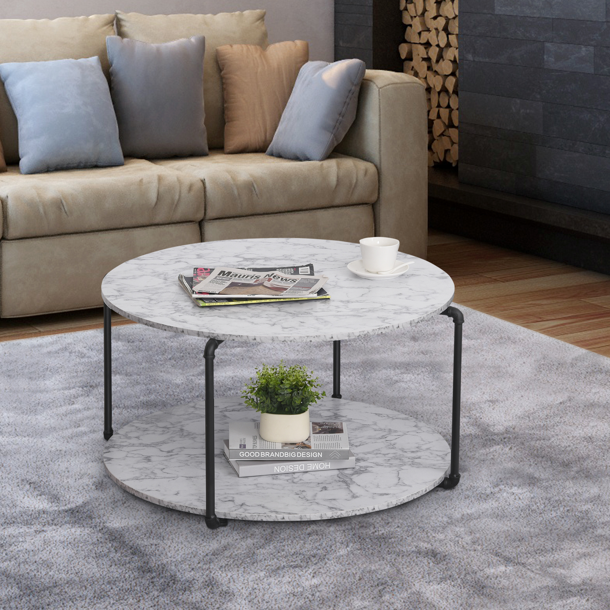 HOMCOM Couchtisch Rund mit Regal Ø 80 x 45H cm Spanplatten Marmorimitat Wei günstig online kaufen