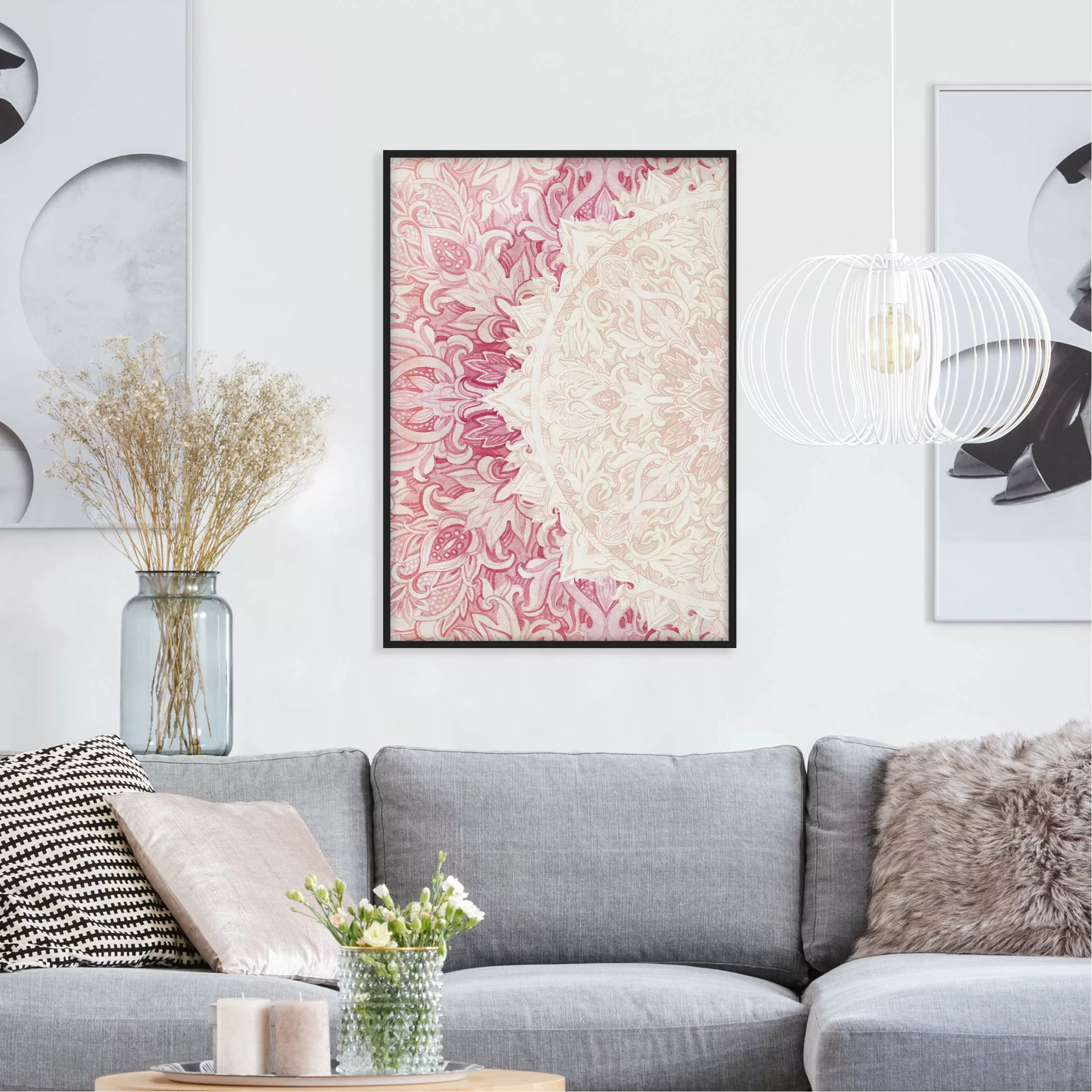 Bild mit Rahmen - Hochformat Mandala Aquarell Ornament Halbkreis beige pink günstig online kaufen