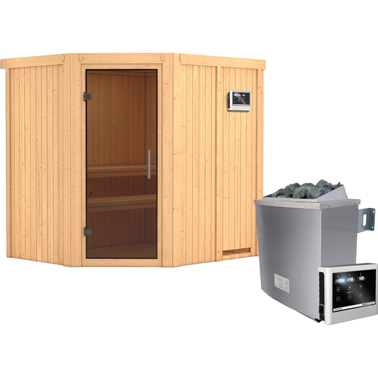 Karibu Sauna-Set Swenna inkl. Ofen 9 kW mit ext. Steuerung, Tür Graphit günstig online kaufen