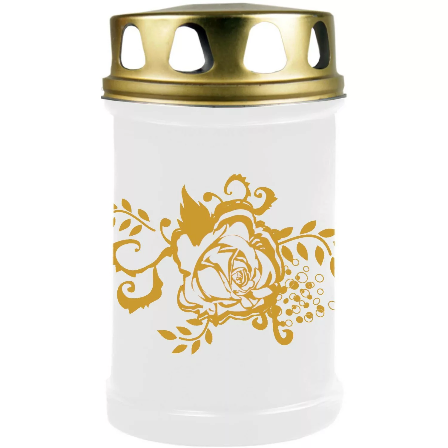 HS Candle Grabkerze Weiß 48h Deckel Und Druck Gold Rose Ranke günstig online kaufen