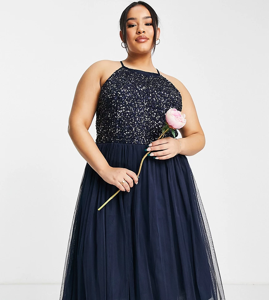 Maya Plus – Bridesmaid – Neckholder-Midikleid aus Tüll in Marineblau mit fa günstig online kaufen