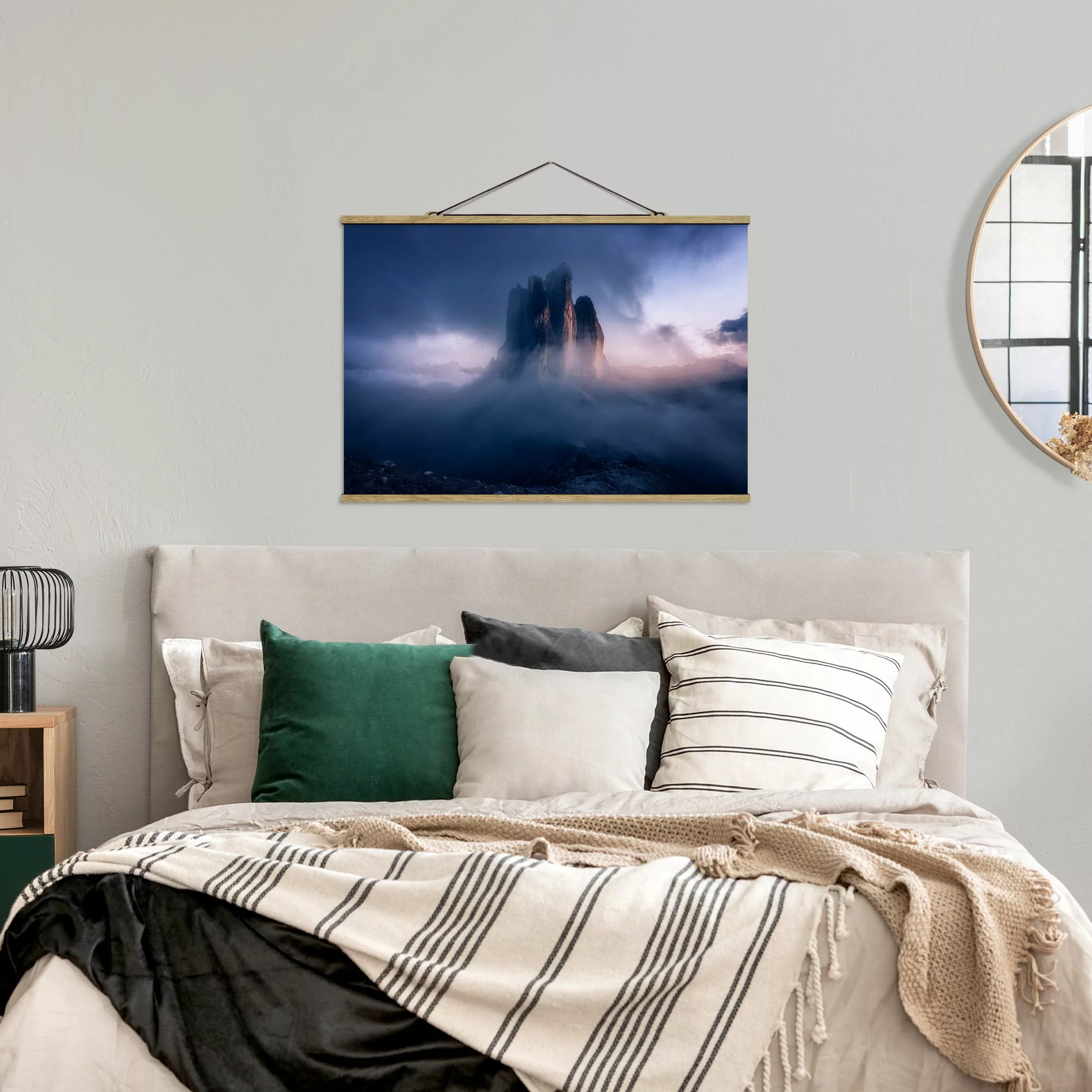 Stoffbild Berge mit Posterleisten - Querformat Drei Zinnen in blauem Licht günstig online kaufen