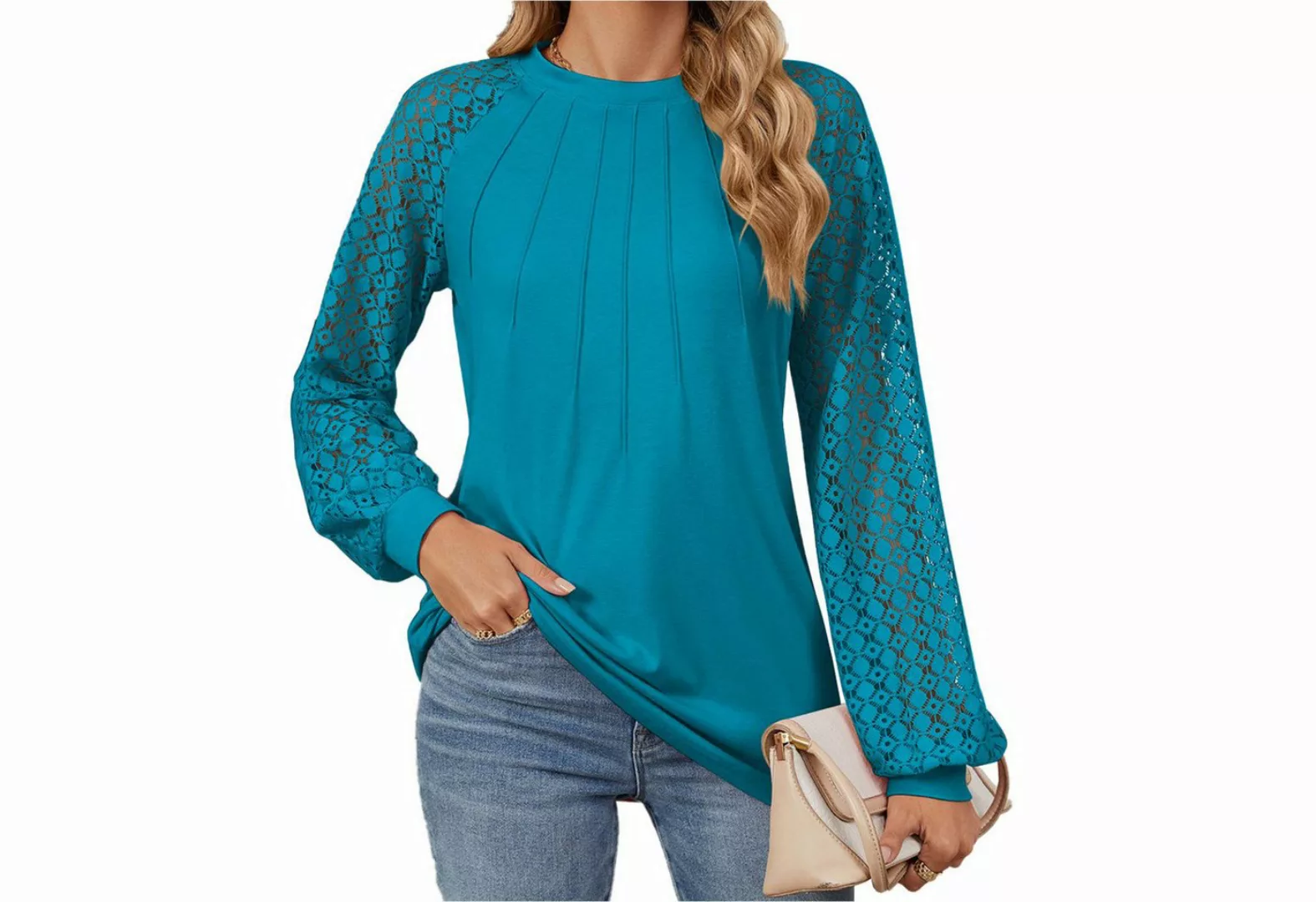 Zoclack Blusentop Damen Elegantes Langarmshirt Spitzenbluse Waffelstrick Ru günstig online kaufen