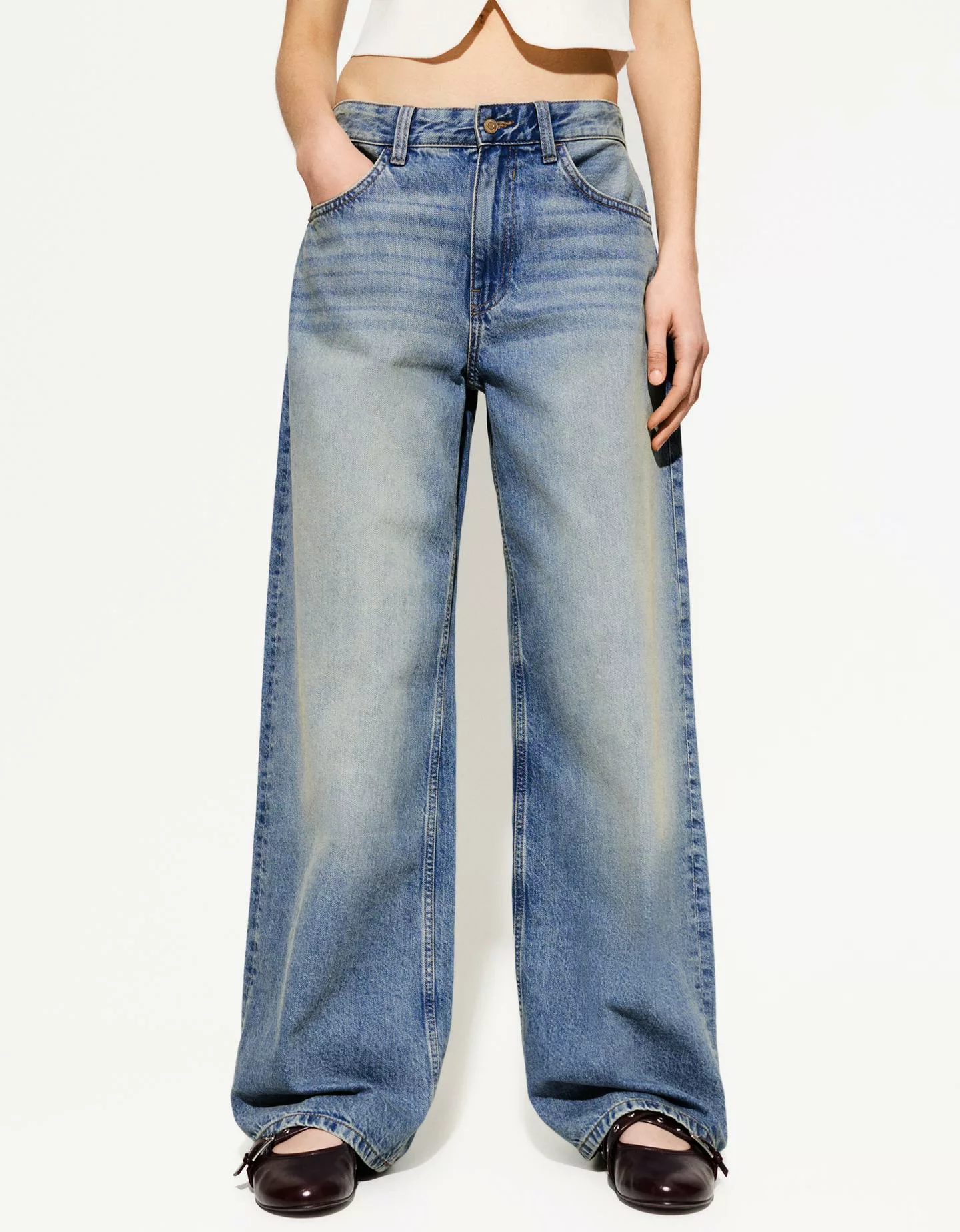 Bershka Wide-Leg-Jeans Damen 42 Ausgewaschenes Blau günstig online kaufen