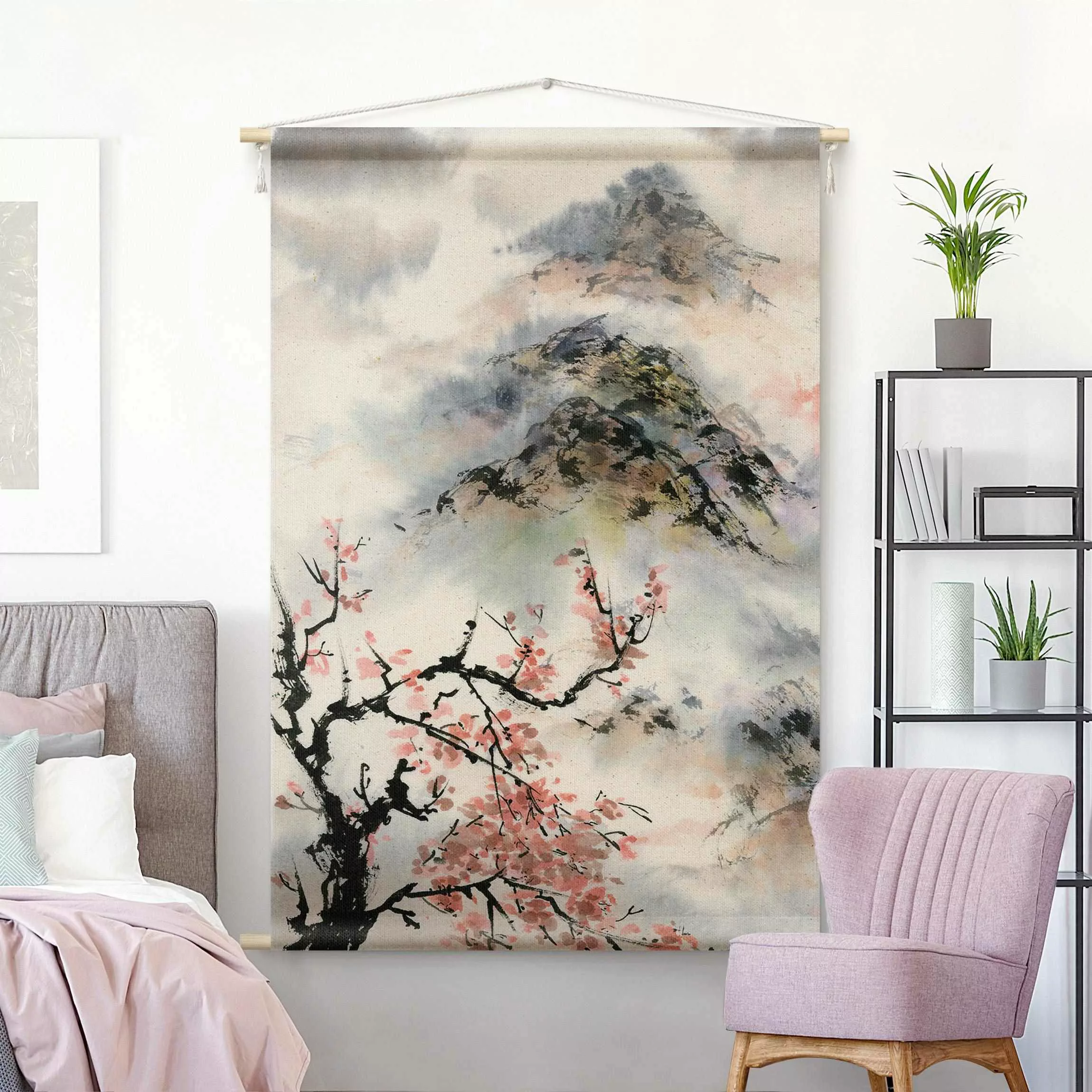 Wandteppich Japanische Aquarell Zeichnung Kirschbaum und Berge günstig online kaufen