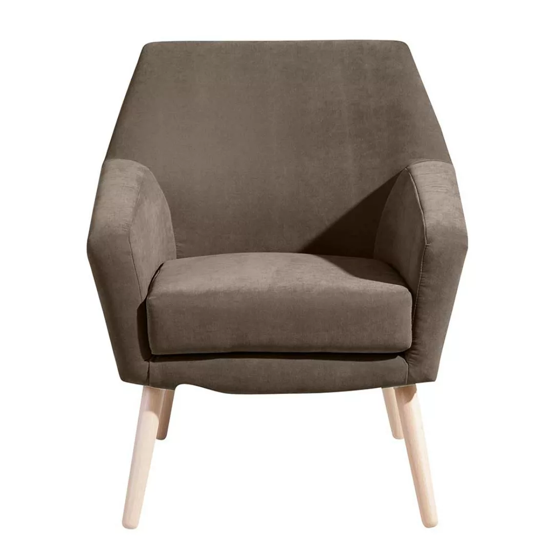 Lounge Sessel in Beigegrau Velours Vierfußgestell aus Holz günstig online kaufen