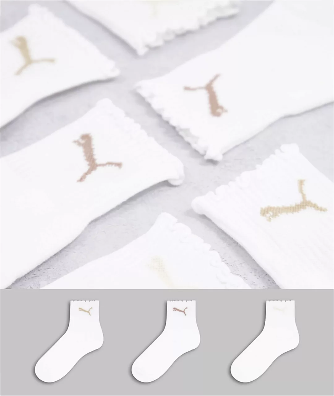 Puma – Socken im 3er-Pack in Weiß und in neutralen Tönen mit Rüschenborte günstig online kaufen