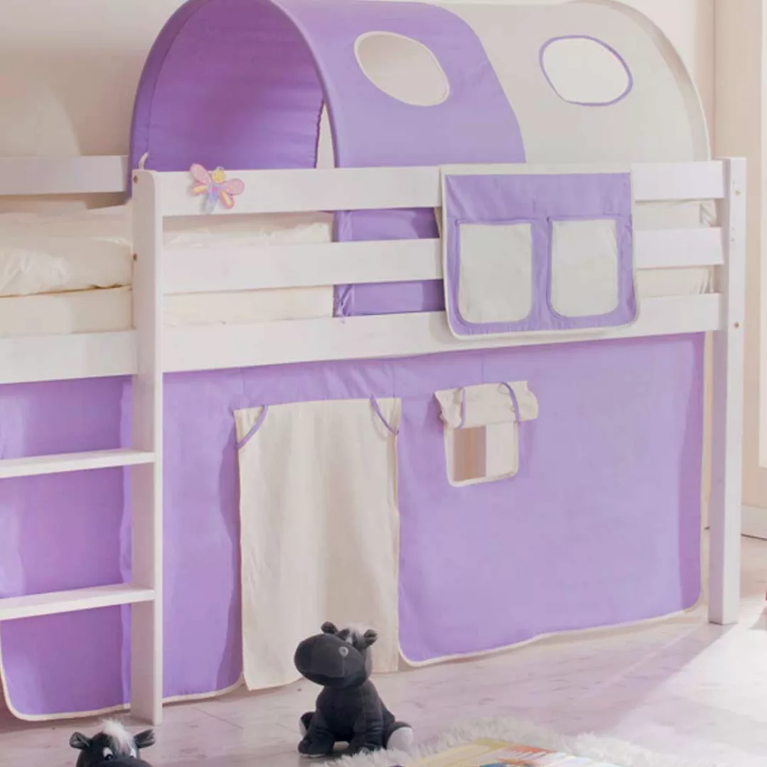 Kinderbett mit Tunnel und Vorhang in Lila Beige halbhoch günstig online kaufen