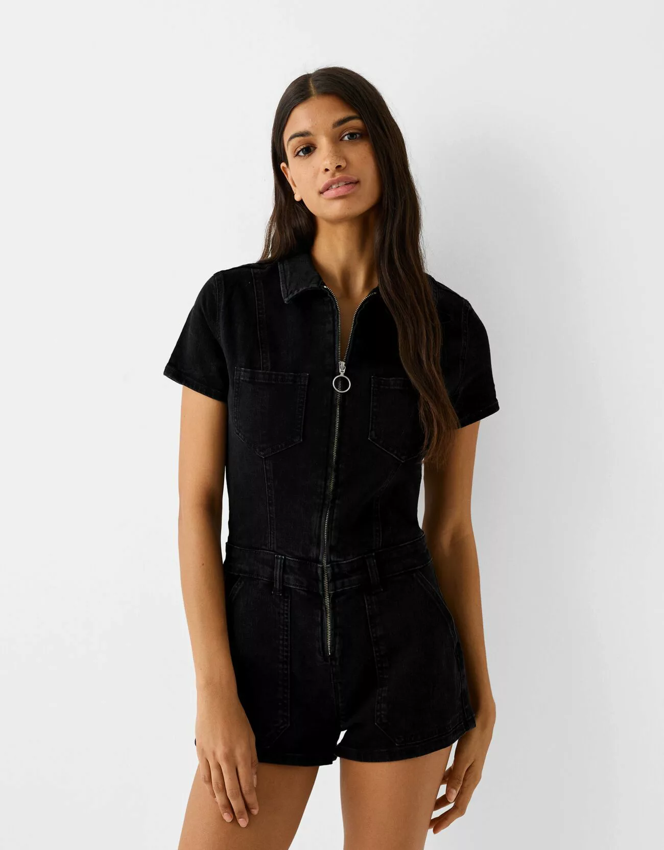 Bershka Kurzer Jeans-Jumpsuit Damen S Schwarz günstig online kaufen