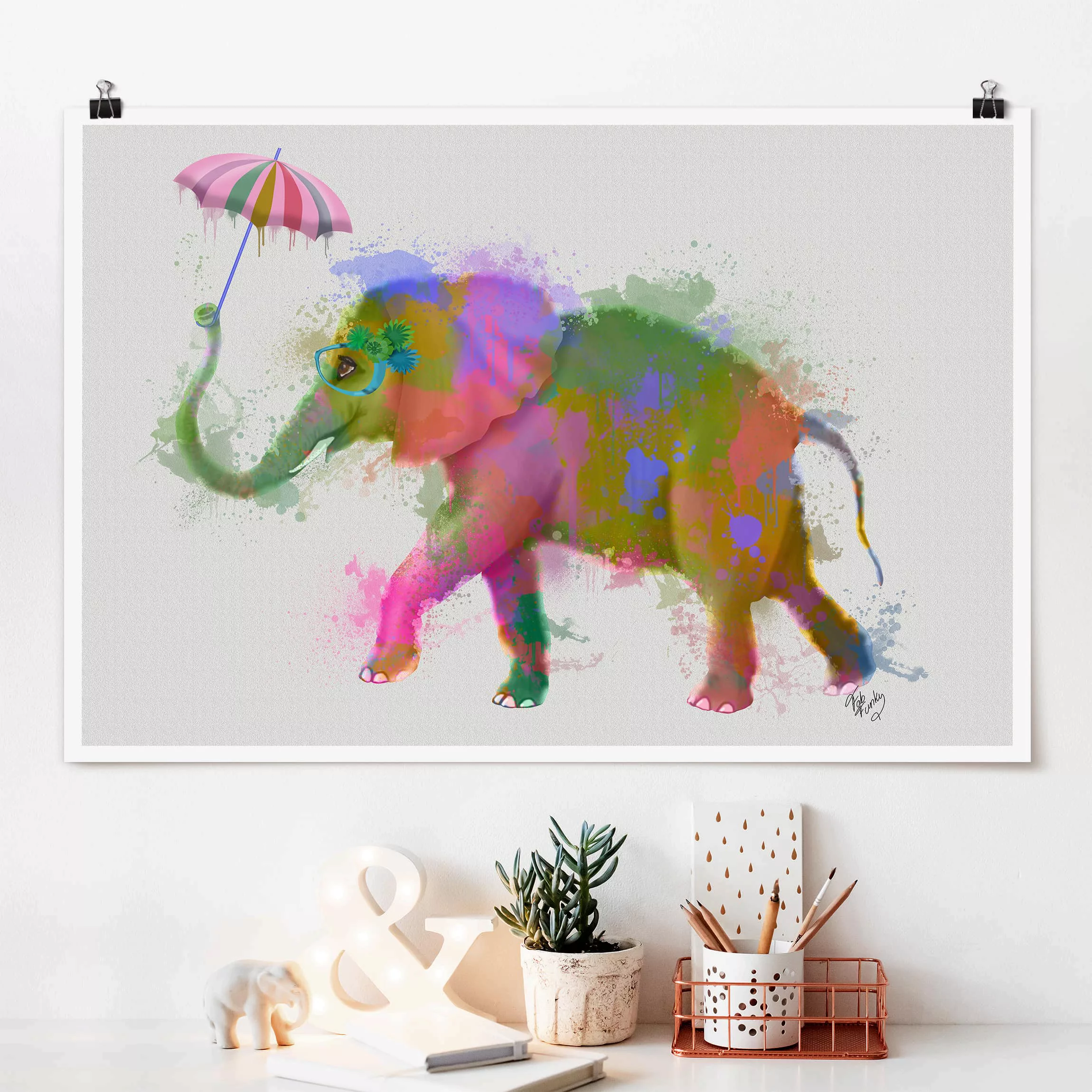 Poster Kunstdruck - Querformat Regenbogen Splash Elefant günstig online kaufen