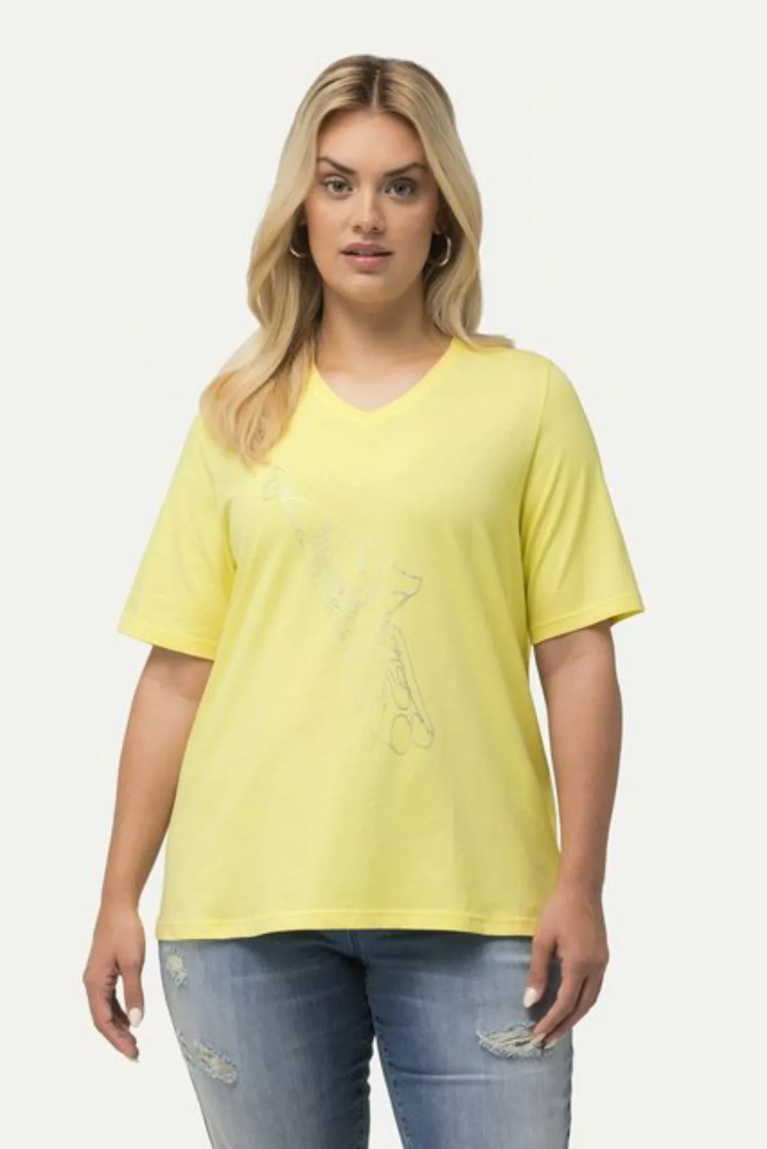 Ulla Popken Rundhalsshirt T-Shirt Metallic-Tier Classic V-Ausschnitt Halbar günstig online kaufen
