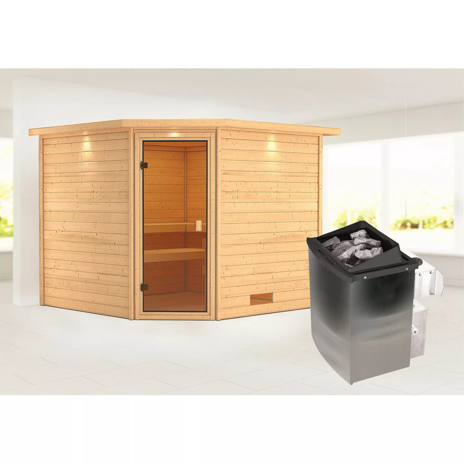 Karibu Sauna »"Leona" mit Kranz und bronzierter Tür Ofen 9 kW integr. Strg« günstig online kaufen