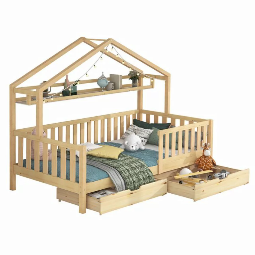 Flieks Kinderbett, Hausbett Einzelbett Kiefer 90x200cm mit Ablageregal und günstig online kaufen