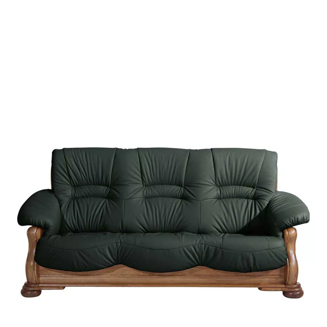 Leder Sofa Dreisitzer in Dunkelgrün und Eiche rustikal Made in Germany günstig online kaufen