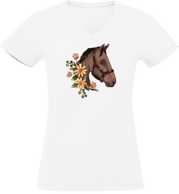 MyDesign24 T-Shirt Damen Pferde Print Shirt - Dunkelbraunes Pferd mit Blume günstig online kaufen