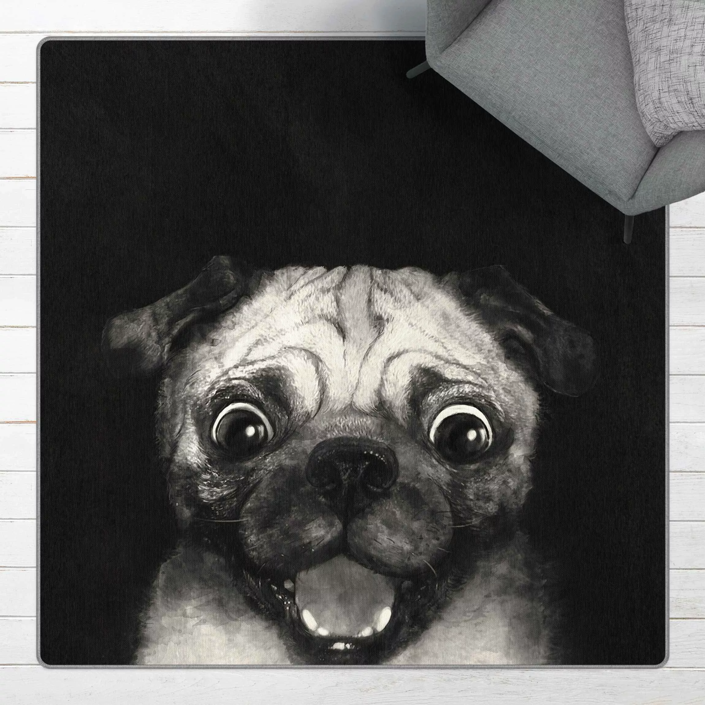 Teppich Illustration Hund Mops Malerei auf Schwarz Weiß günstig online kaufen