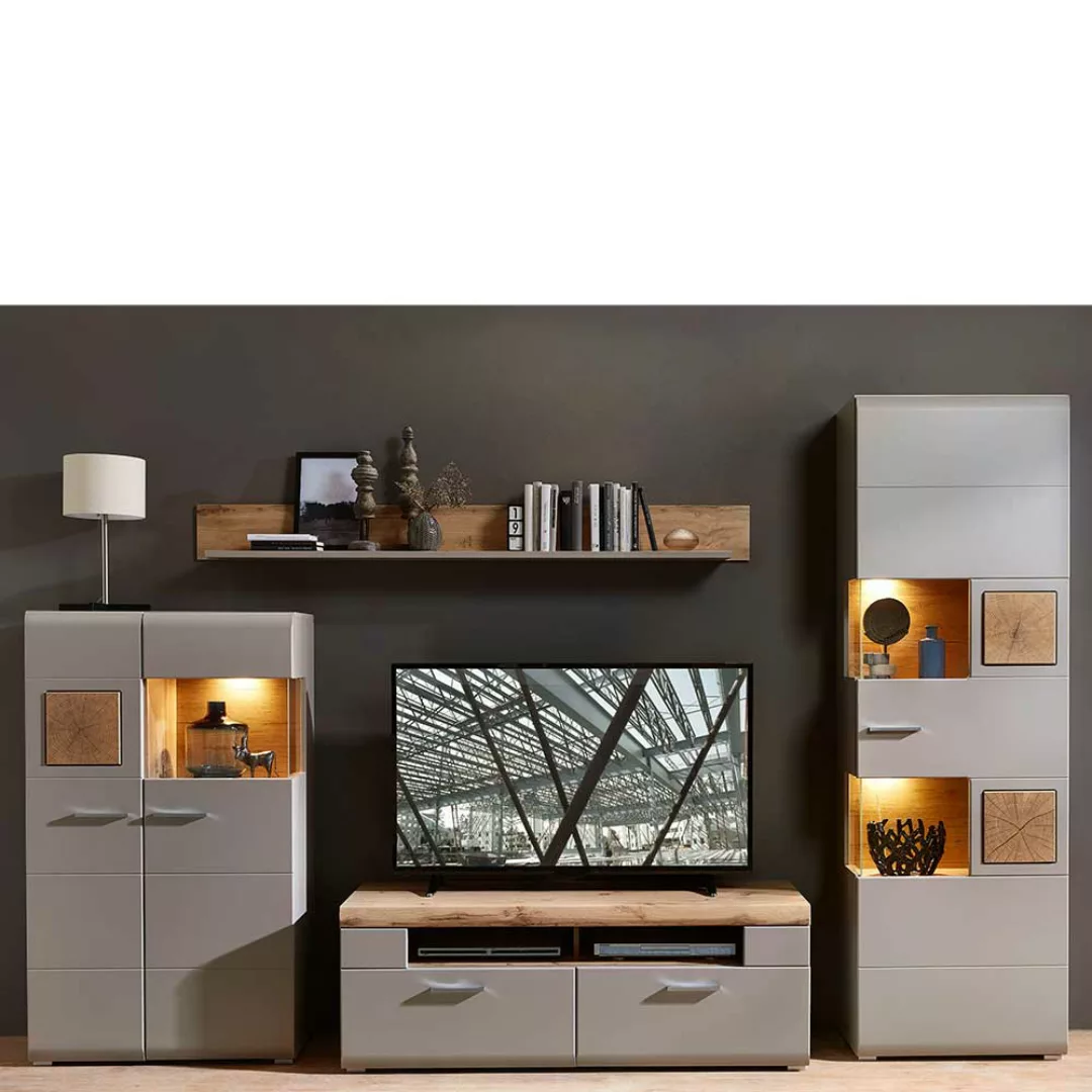 Moderne Wohnwand in Grau und Eiche Optik LED Beleuchtung (vierteilig) günstig online kaufen