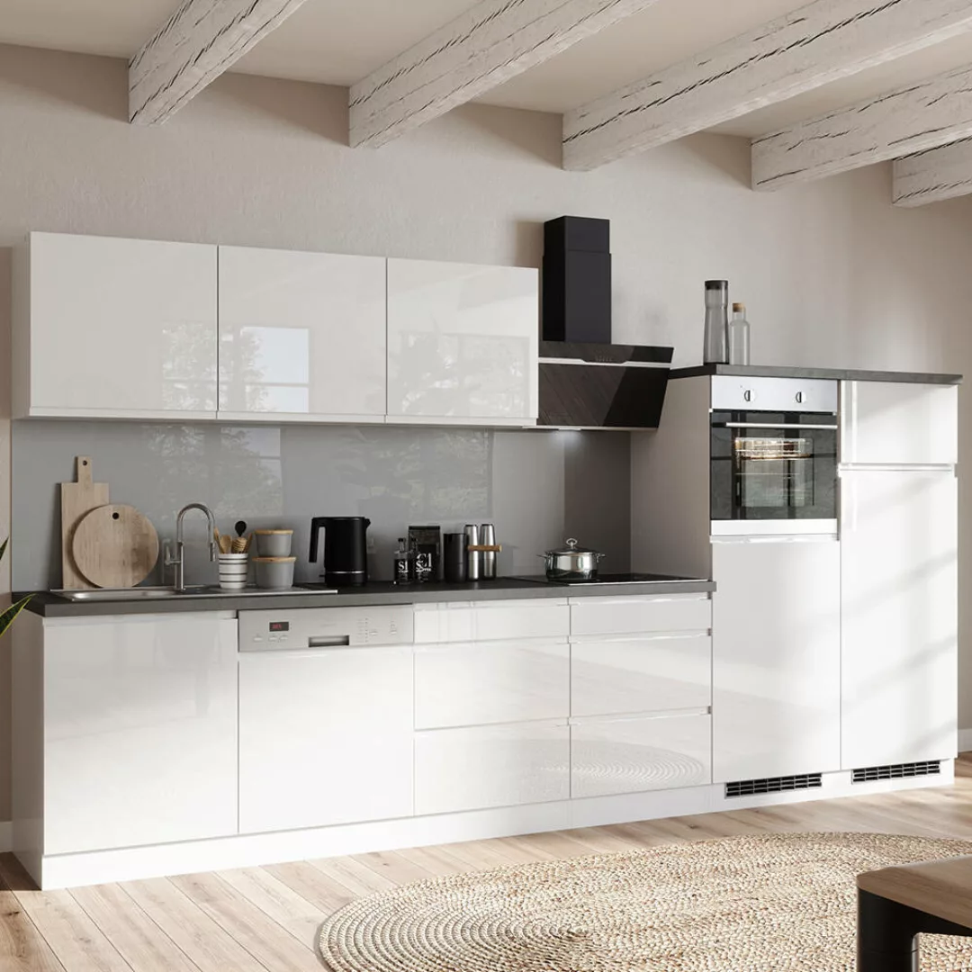 Küchenzeile 360 cm, inkl. E-Geräte, in Hochglanz weiß, Arbeitsplatte Betono günstig online kaufen
