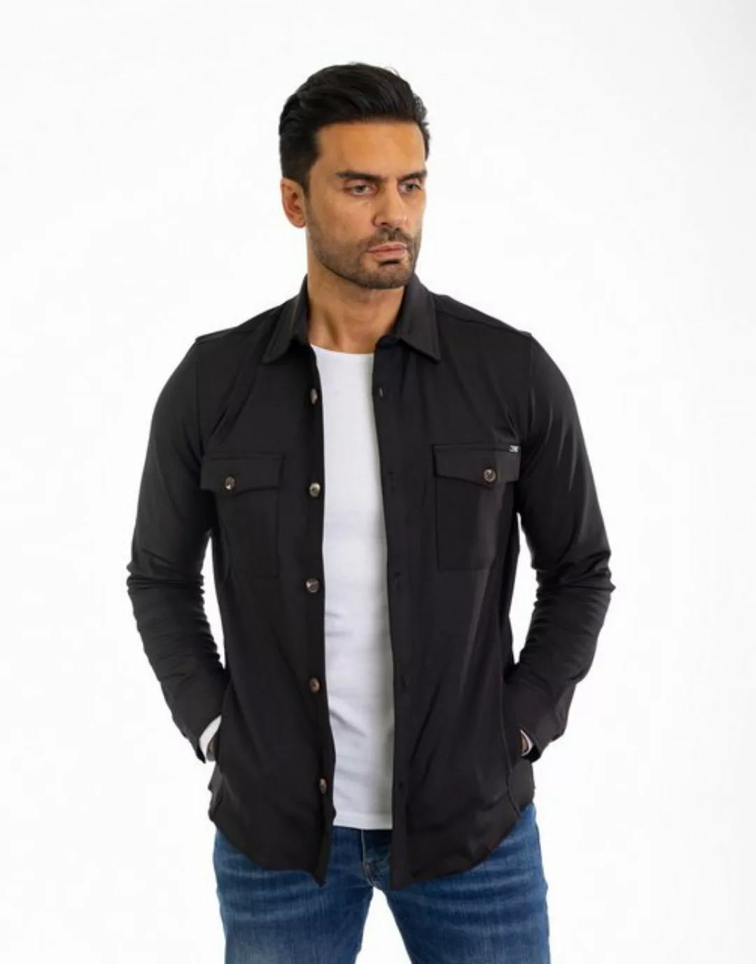 Denim Distriqt Langarmhemd Sportliches Herren Überhemd mit Elasthan Schwarz günstig online kaufen