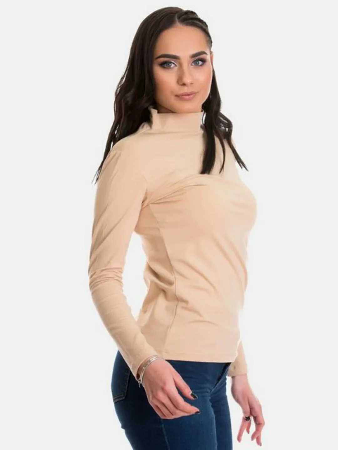 Evoni Langarmshirt Halbkragen Baumwolle Basic-Shirt günstig online kaufen