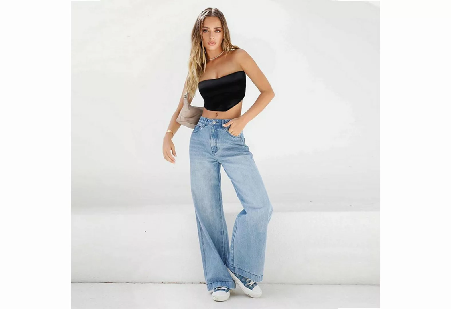 FIDDY Gerade Jeans Damen-Jeans mit hoher Taille, Retro-Hose mit geradem Bei günstig online kaufen