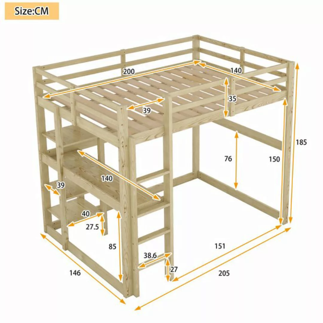 TavilaEcon Hochbett Kinderbett Jugendbett Kieferholzbett, 140 x 200cm mit 4 günstig online kaufen