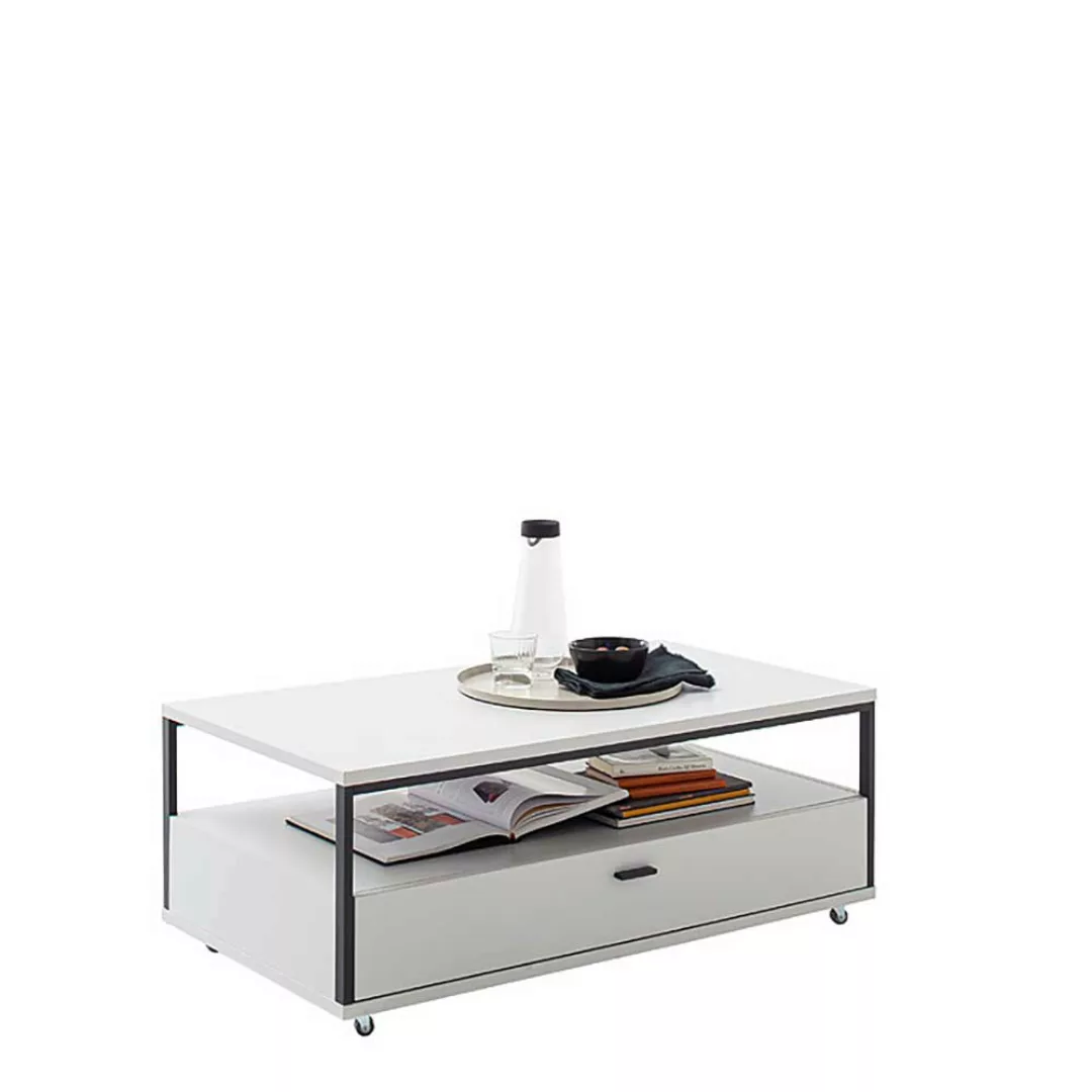 Wohnzimmer Tisch mit Rollen in Weiß 110 cm breit - 42 cm hoch günstig online kaufen