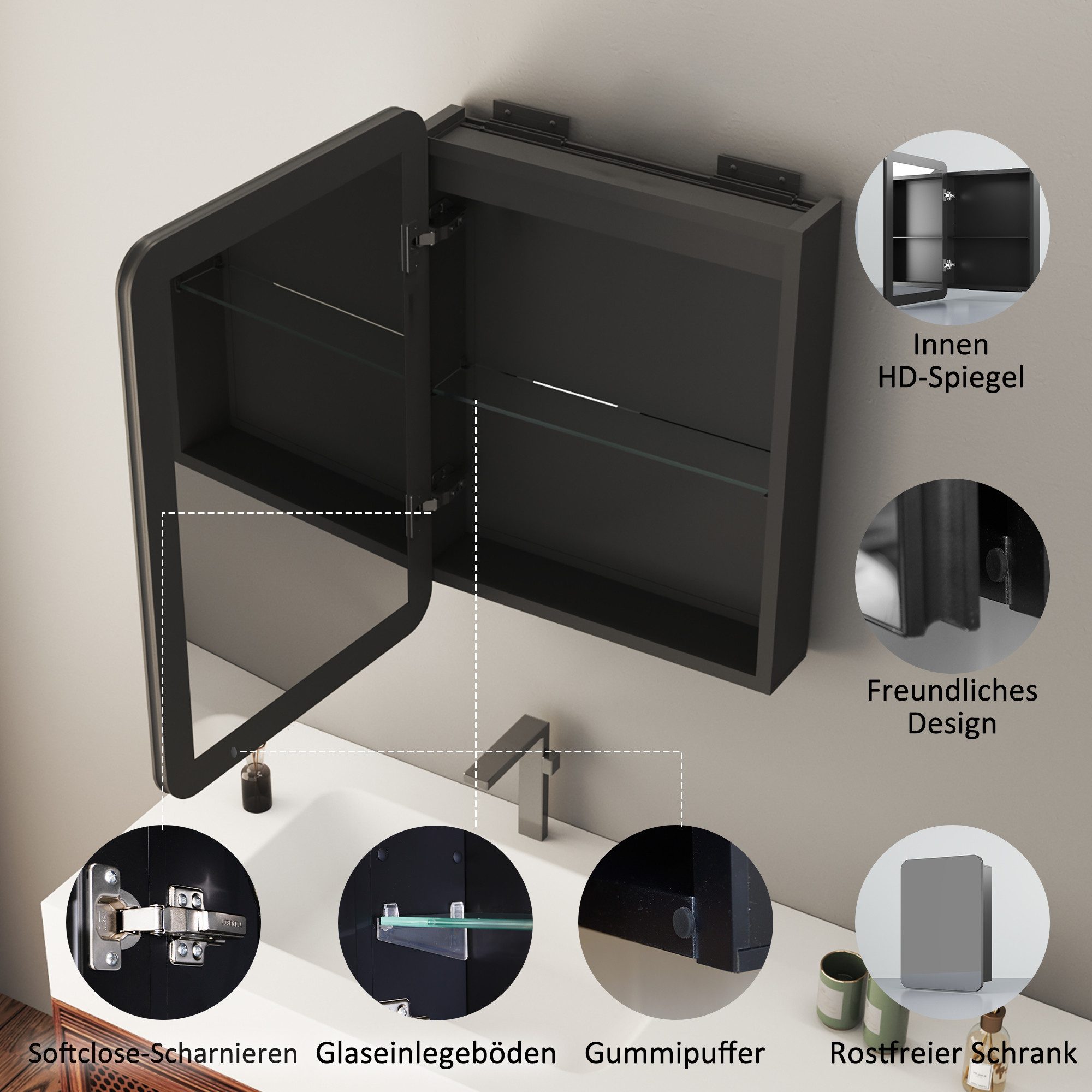 Hopibath Badezimmerspiegelschrank Alu Spiegelschrank Schwarz 2türig günstig online kaufen