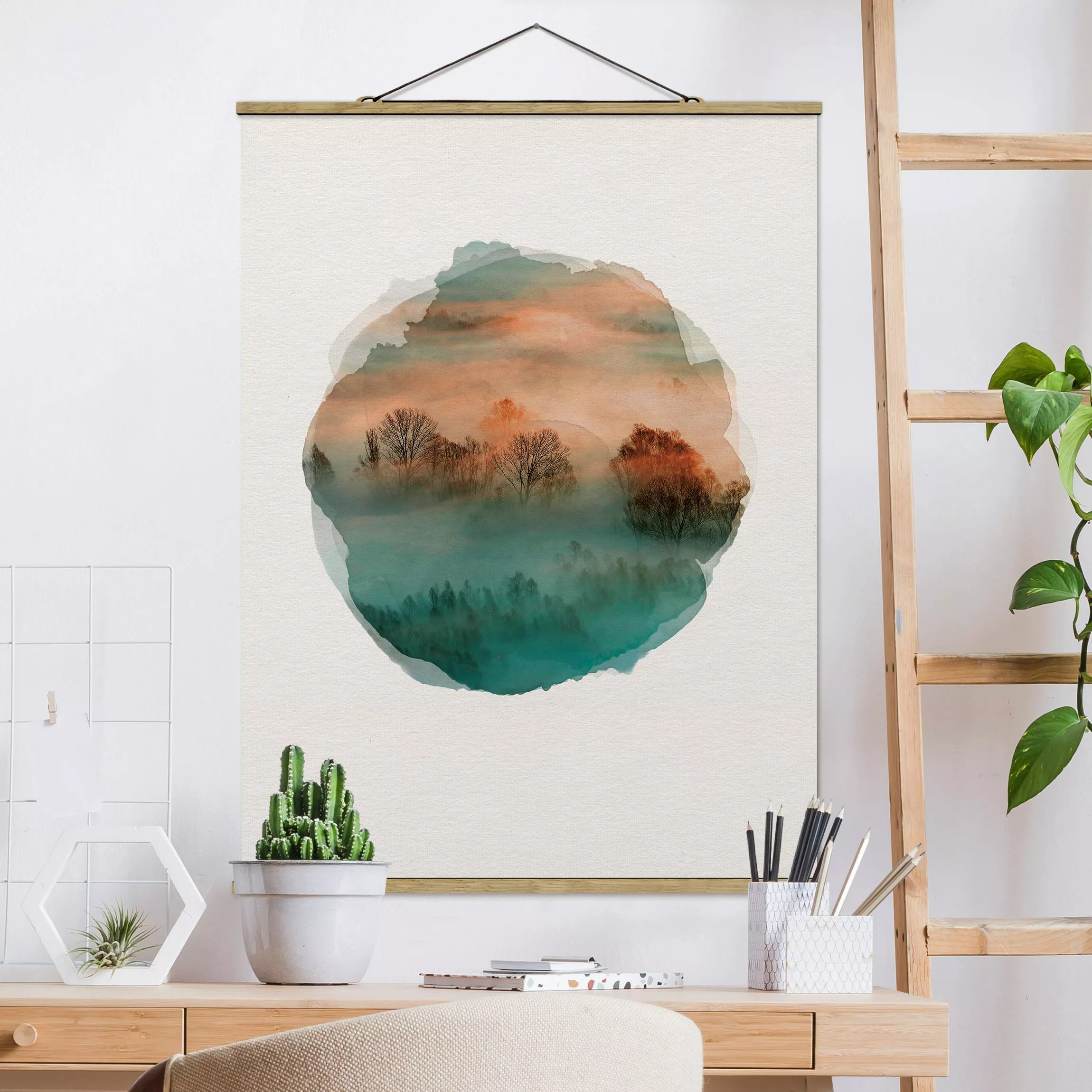 Stoffbild Landschaft mit Posterleisten - Hochformat Wasserfarben - Nebel be günstig online kaufen