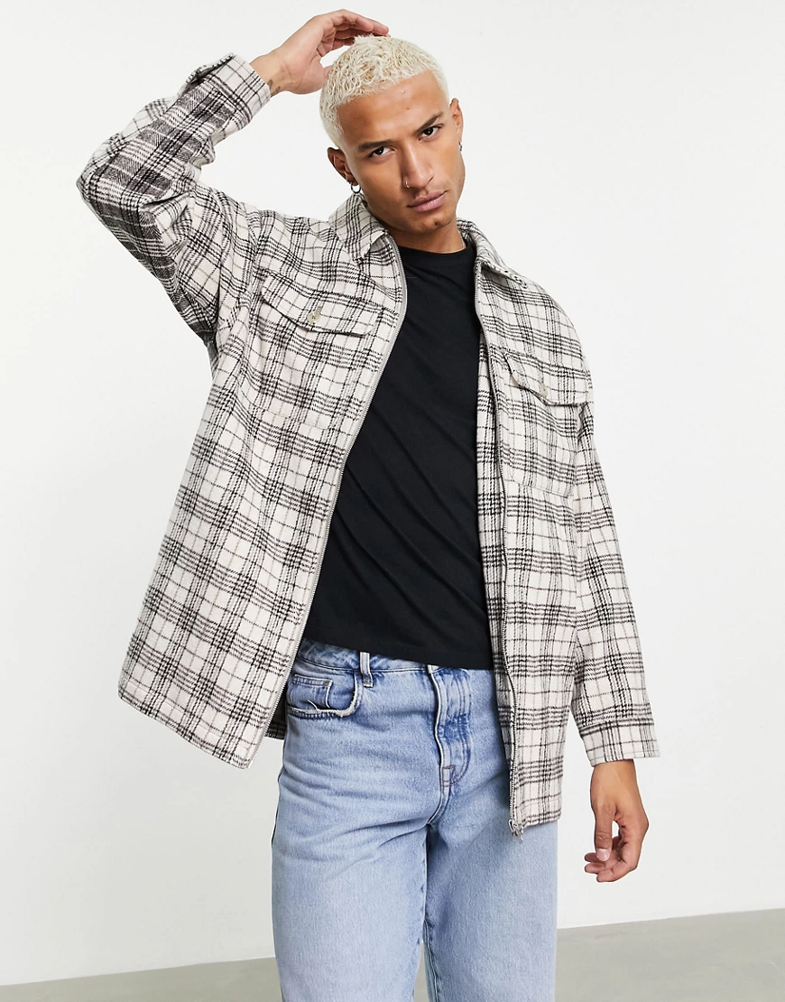 ASOS DESIGN – Oversize-Hemdjacke aus Wollmischung in Ecru und grau kariert günstig online kaufen