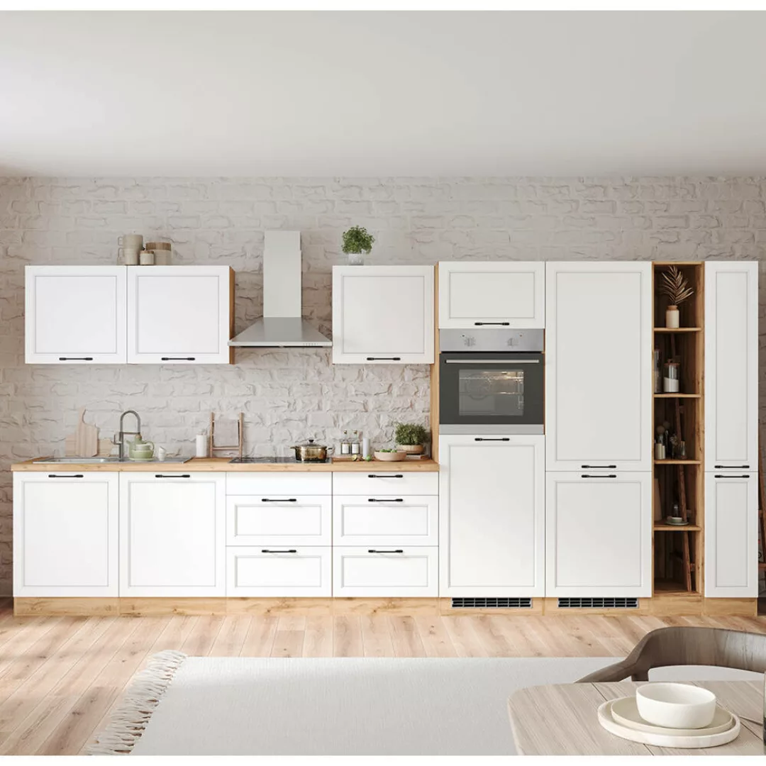 Küchenzeile 420 cm mit E-Geräten in weiß und Eiche, Arbeitsplatte in Eiche, günstig online kaufen