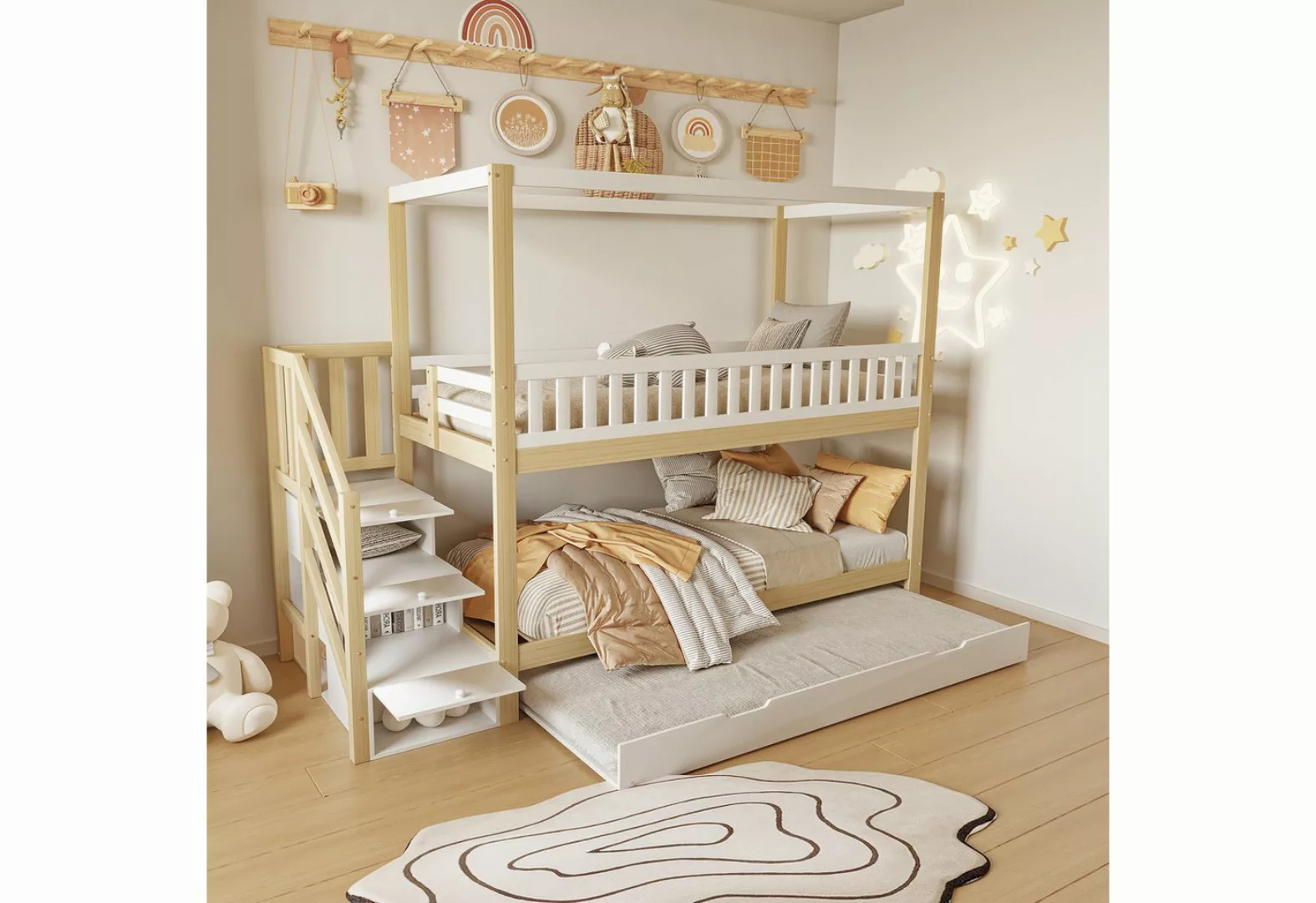 Flieks Etagenbett, Massivholz Kinderbett 90x200cm mit Ausziehbett 90x190cm günstig online kaufen