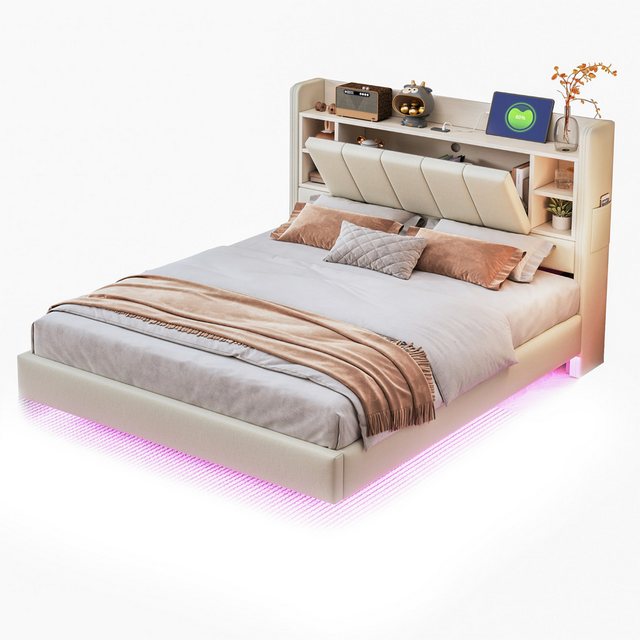 Gotagee Polsterbett LED Jugendbett Doppelbett Mit USB-Steckdose Stauraumbet günstig online kaufen