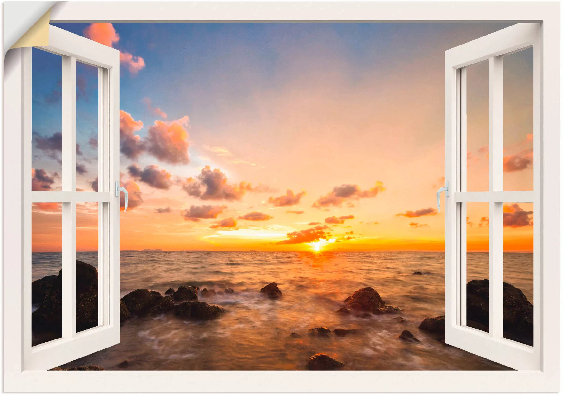 Artland Wandbild "Fensterblick Sonnenuntergang am Meer", Fensterblick, (1 S günstig online kaufen