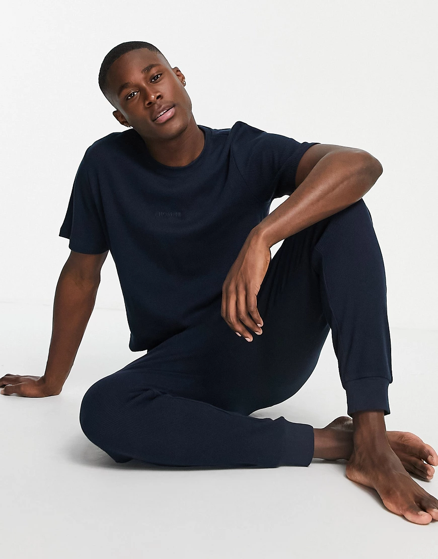 Selected Homme – Loungewear-Set in Marineblau mit T-Shirt und Waffelstruktu günstig online kaufen