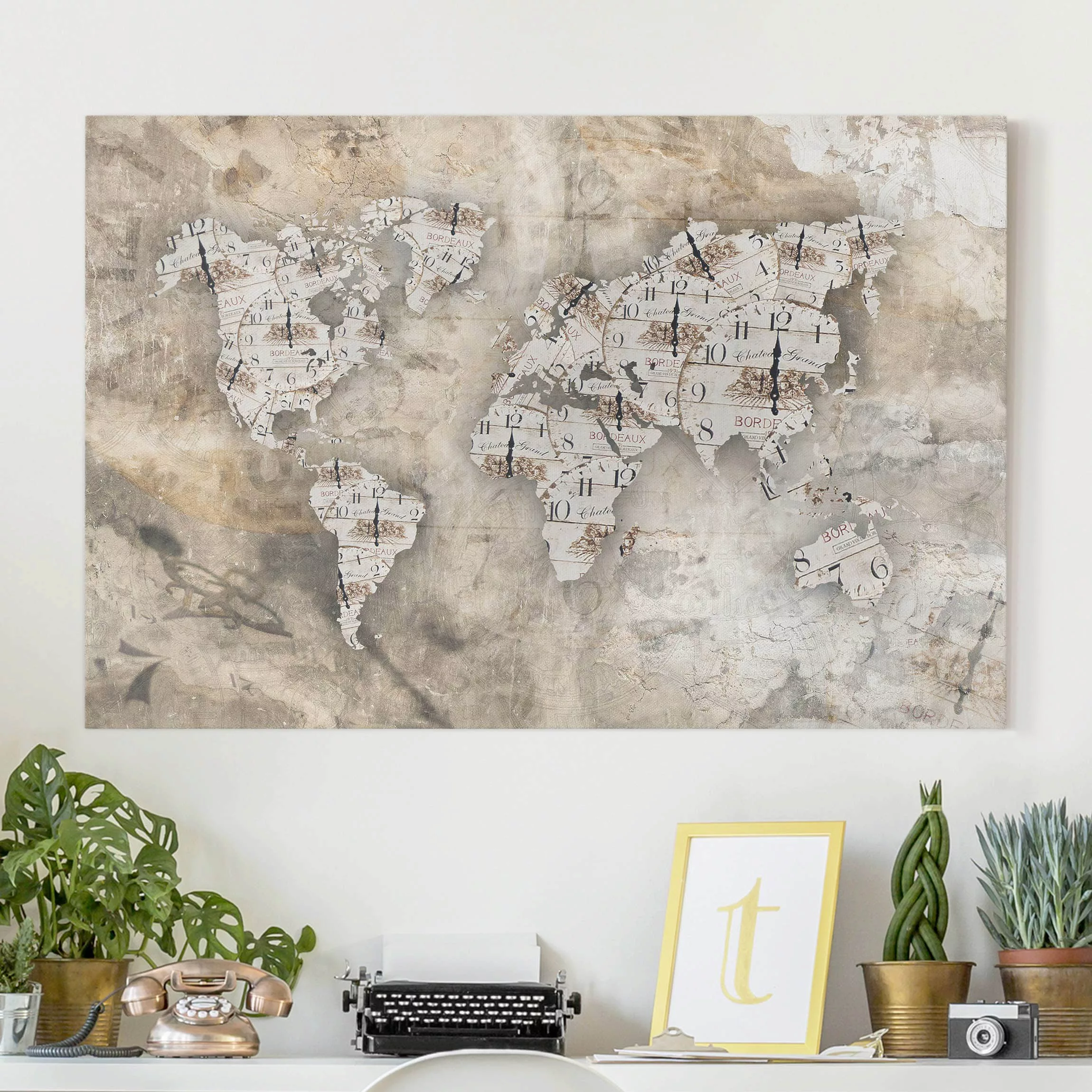 Leinwandbild Weltkarte - Querformat Shabby Uhren Weltkarte günstig online kaufen