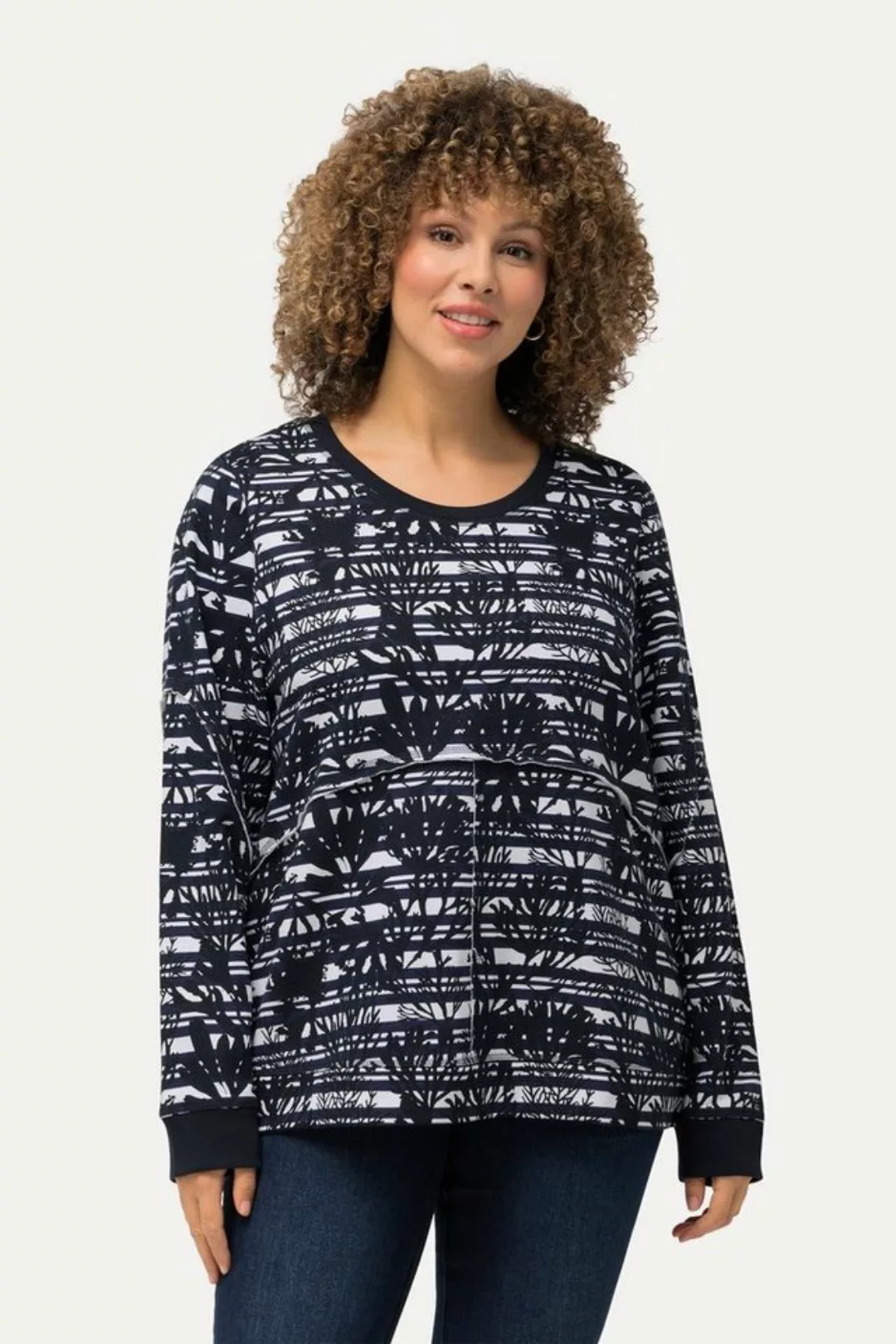 Ulla Popken Sweatshirt Sweatshirt offene Kanten Rundhals Langarm günstig online kaufen